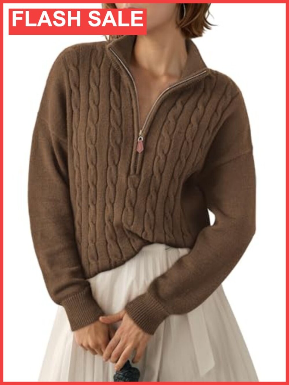Women's Quarter Zip Ribbed Cable Knit Sweater Pullover V-Neck Long Sleeve